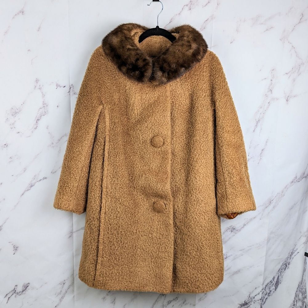 Vintage 50s Faux Shearling Mink Collar Tan Swing Coat Overcoat Size Medium